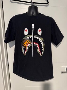 Bape Black Shark-Zip Tee with Camouflage & Red Accents